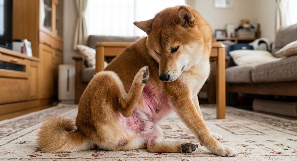 皮膚炎でおなかをかく柴犬
